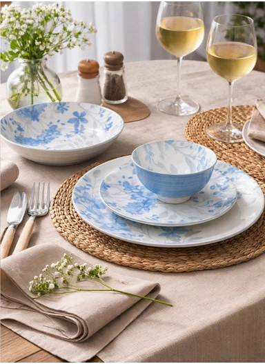 24-Pieces Classic Round Leaves Stoneware Dinnerware Set - Light Blue