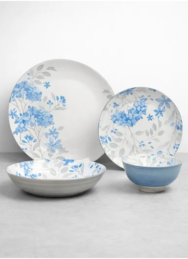 24-Pieces Classic Round Leaves Stoneware Dinnerware Set - Light Blue