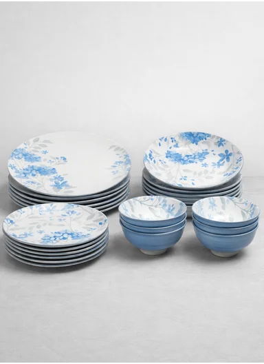24-Pieces Classic Round Leaves Stoneware Dinnerware Set - Light Blue