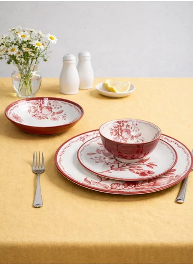 24-Pieces Classic Round Floral Stoneware Dinnerware Set - Red