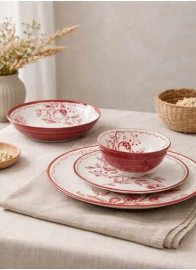 24-Pieces Classic Round Floral Stoneware Dinnerware Set - Red
