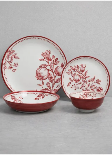 24-Pieces Classic Round Floral Stoneware Dinnerware Set - Red