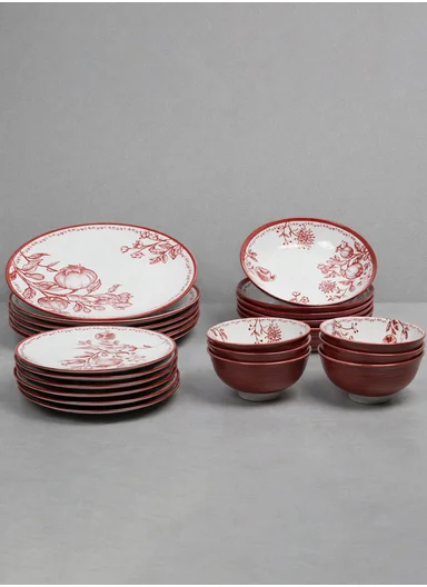 24-Pieces Classic Round Floral Stoneware Dinnerware Set - Red