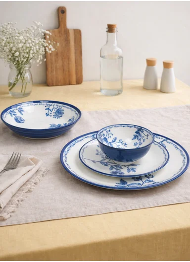 24-Pieces Classic Round Floral Stoneware Dinnerware Set - Navy
