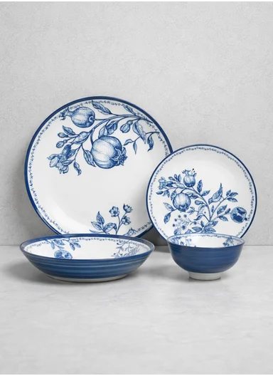 24-Pieces Classic Round Floral Stoneware Dinnerware Set - Navy