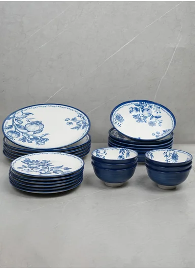 24-Pieces Classic Round Floral Stoneware Dinnerware Set - Navy