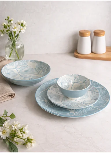 24 pieces Stoneware Dinnerware Set, Dishwasher &amp; Microwave Safe Durable Everyday Dining Set - Blue &amp; White