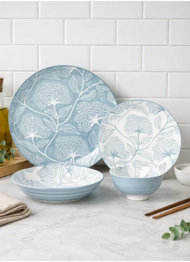 24 pieces Stoneware Dinnerware Set, Dishwasher &amp; Microwave Safe Durable Everyday Dining Set - Blue &amp; White