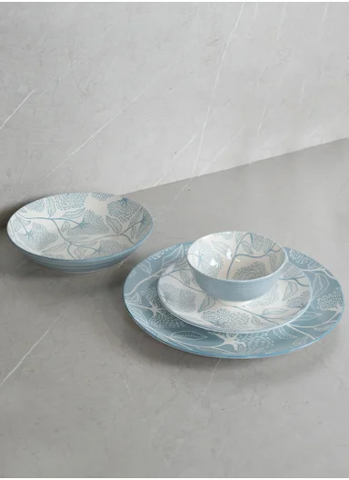 24 pieces Stoneware Dinnerware Set, Dishwasher &amp; Microwave Safe Durable Everyday Dining Set - Blue &amp; White