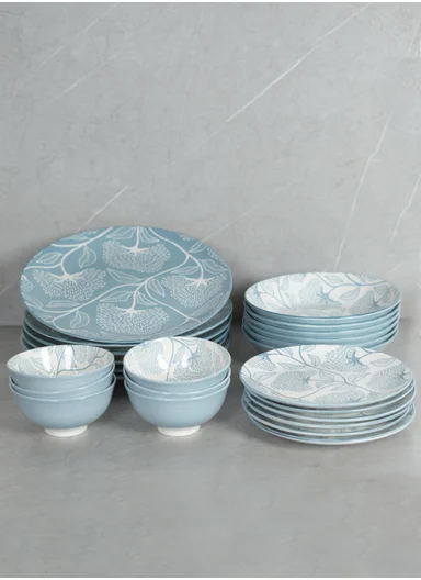 24 pieces Stoneware Dinnerware Set, Dishwasher &amp; Microwave Safe Durable Everyday Dining Set - Blue &amp; White