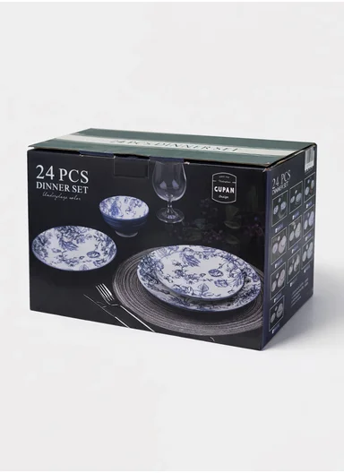 24 pieces Stoneware Dinnerware Set, Dishwasher &amp; Microwave Safe Durable Everyday Dining Set - Blue &amp; White