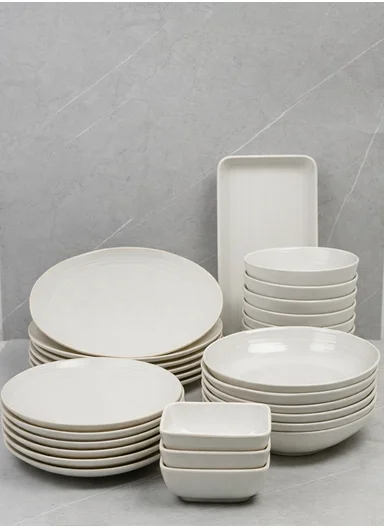 28 pieces Stoneware Dinnerware Set, Dishwasher &amp; Microwave Safe Durable Everyday Dining Set - white