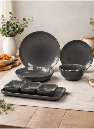 28 pieces Stoneware Dinnerware Set, Dishwasher &amp; Microwave Safe Durable Everyday Dining Set - Grey