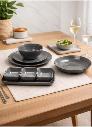 28 pieces Stoneware Dinnerware Set, Dishwasher &amp; Microwave Safe Durable Everyday Dining Set - Grey