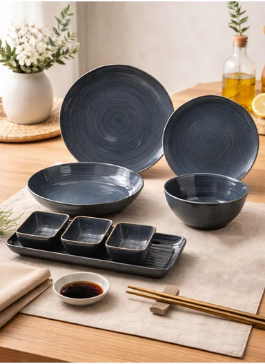 28 pieces Stoneware Dinnerware Set, Dishwasher &amp; Microwave Safe Durable Everyday Dining Set - Steel Blue