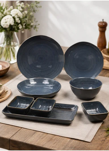28 pieces Stoneware Dinnerware Set, Dishwasher &amp; Microwave Safe Durable Everyday Dining Set - Steel Blue