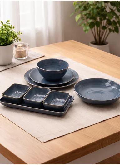 28 pieces Stoneware Dinnerware Set, Dishwasher &amp; Microwave Safe Durable Everyday Dining Set - Steel Blue
