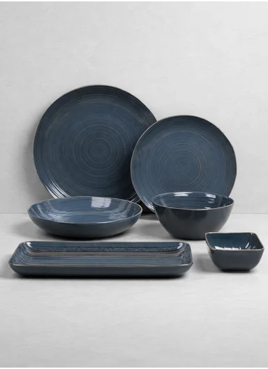 28 pieces Stoneware Dinnerware Set, Dishwasher &amp; Microwave Safe Durable Everyday Dining Set - Steel Blue