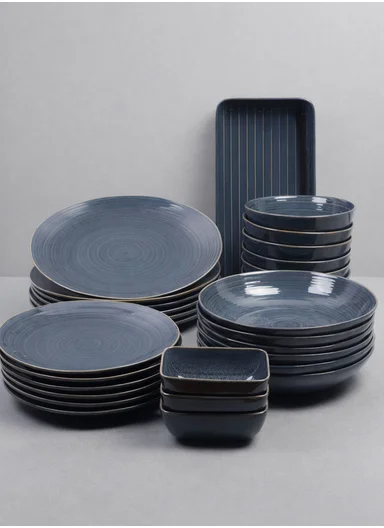 28 pieces Stoneware Dinnerware Set, Dishwasher &amp; Microwave Safe Durable Everyday Dining Set - Steel Blue