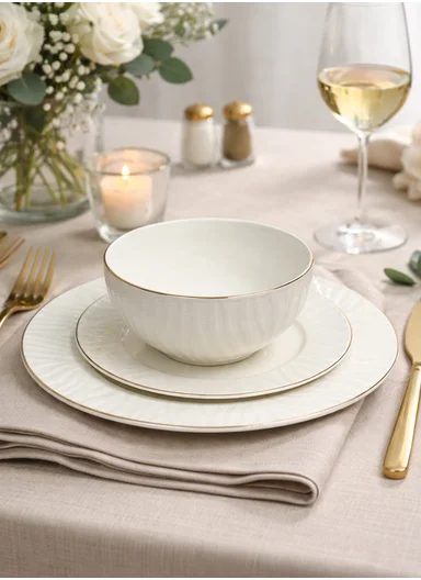18-Pieces Ribbed Design Dinner Set With Gold Rim - White