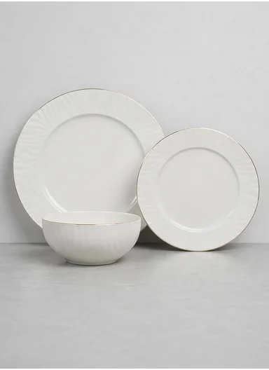 18-Pieces Ribbed Design Dinner Set With Gold Rim - White