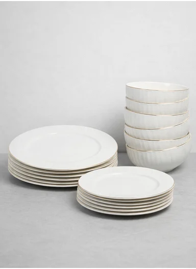 18-Pieces Ribbed Design Dinner Set With Gold Rim - White