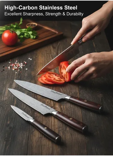 6-Pieces Stainless Steel Kitchen Knives Set With Durable Wooden Block  (W17 × D10 × H22) cm