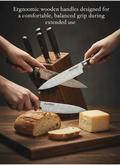 6-Pieces Stainless Steel Kitchen Knives Set With Durable Wooden Block  (W17 × D10 × H22) cm