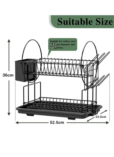 2-Tier Metal Dish Drying Rack With Cutlery Holder &amp; Drip Tray (L52.5 × W23.5 × H36)cm - Grey