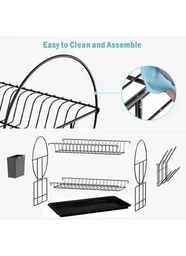 2-Tier Metal Dish Drying Rack With Cutlery Holder &amp; Drip Tray (L52.5 × W23.5 × H36)cm - Grey