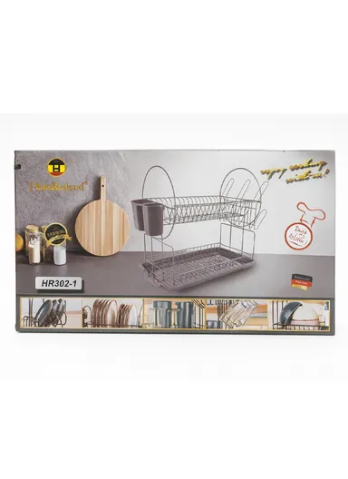 2-Tier Metal Dish Drying Rack With Cutlery Holder &amp; Drip Tray (L52.5 × W23.5 × H36)cm - Grey