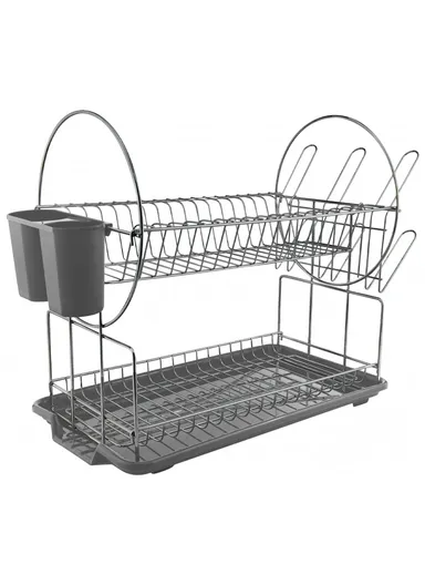2-Tier Metal Dish Drying Rack With Cutlery Holder &amp; Drip Tray (L52.5 × W23.5 × H36)cm - Grey