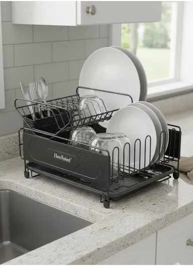 Multifunction Two-Tier Kitchen Dish Drying Rack With Drain Tray &amp; Utensil Holder (L49.5 x W30 x H23)cm - Black