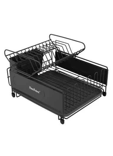 Multifunction Two-Tier Kitchen Dish Drying Rack With Drain Tray &amp; Utensil Holder (L49.5 x W30 x H23)cm - Black