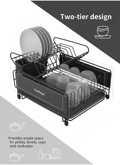 Multifunction Two-Tier Kitchen Dish Drying Rack With Drain Tray &amp; Utensil Holder (L49.5 x W30 x H23)cm - Black