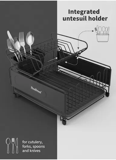 Multifunction Two-Tier Kitchen Dish Drying Rack With Drain Tray &amp; Utensil Holder (L49.5 x W30 x H23)cm - Black
