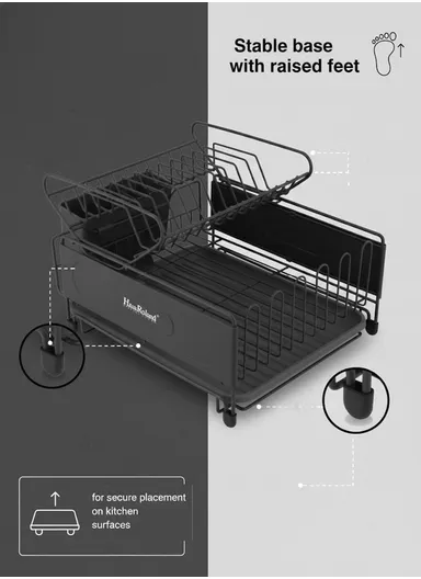 Multifunction Two-Tier Kitchen Dish Drying Rack With Drain Tray &amp; Utensil Holder (L49.5 x W30 x H23)cm - Black