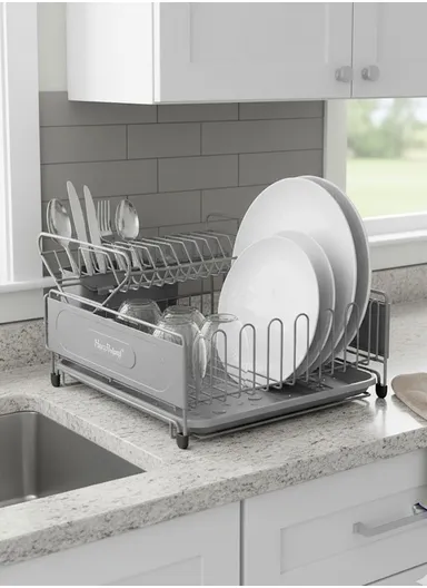 Multifunction Two-Tier Kitchen Dish Drying Rack With Drain Tray &amp; Utensil Holder (L49.5 x W30 x H23)cm - Grey