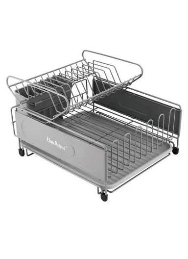 Multifunction Two-Tier Kitchen Dish Drying Rack With Drain Tray &amp; Utensil Holder (L49.5 x W30 x H23)cm - Grey