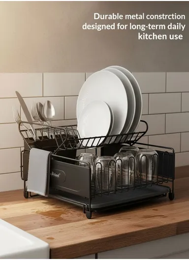 Multifunction Two-Tier Kitchen Dish Drying Rack With Drain Tray &amp; Utensil Holder (L49.5 x W30 x H23)cm - Grey