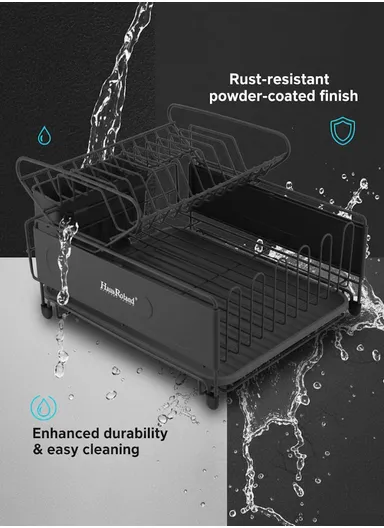 Multifunction Two-Tier Kitchen Dish Drying Rack With Drain Tray &amp; Utensil Holder (L49.5 x W30 x H23)cm - Grey