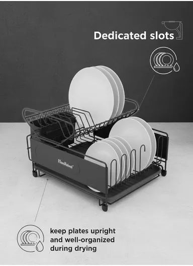 Multifunction Two-Tier Kitchen Dish Drying Rack With Drain Tray &amp; Utensil Holder (L49.5 x W30 x H23)cm - Grey