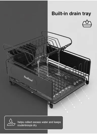 Multifunction Two-Tier Kitchen Dish Drying Rack With Drain Tray &amp; Utensil Holder (L49.5 x W30 x H23)cm - Grey