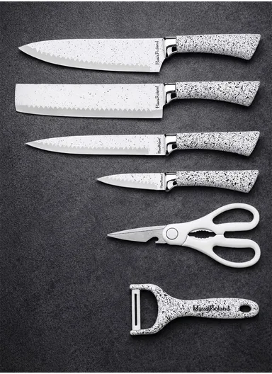 6-Pieces Stainless Steel Knife Set with Non-Stick Embossed Blades &amp; Ceramic Peeler HR009-2 - White