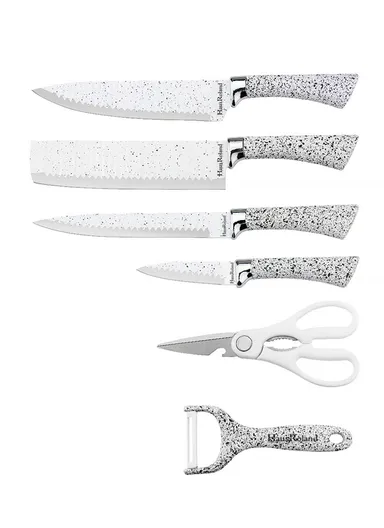 6-Pieces Stainless Steel Knife Set with Non-Stick Embossed Blades &amp; Ceramic Peeler HR009-2 - White