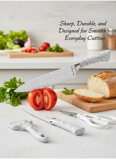 6-Pieces Stainless Steel Knife Set with Non-Stick Embossed Blades &amp; Ceramic Peeler HR009-2 - White