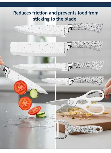 6-Pieces Stainless Steel Knife Set with Non-Stick Embossed Blades &amp; Ceramic Peeler HR009-2 - White