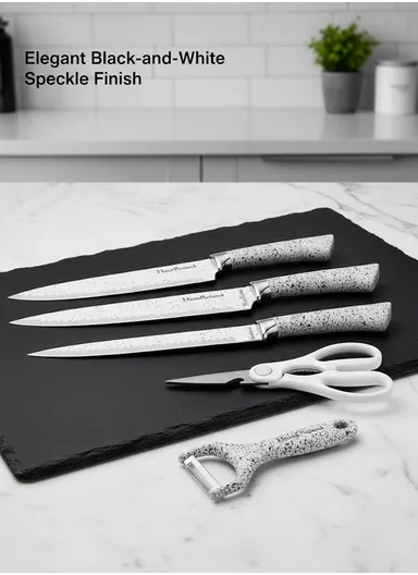 6-Pieces Stainless Steel Knife Set with Non-Stick Embossed Blades &amp; Ceramic Peeler HR009-2 - White