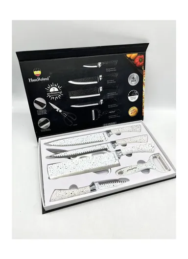 6-Pieces Stainless Steel Knife Set with Non-Stick Embossed Blades &amp; Ceramic Peeler HR009-2 - White