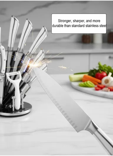 9 Pieces Stainless Steel Kitchen Knife Set with Stand, Peeler &amp; Shears - White &amp; Silver